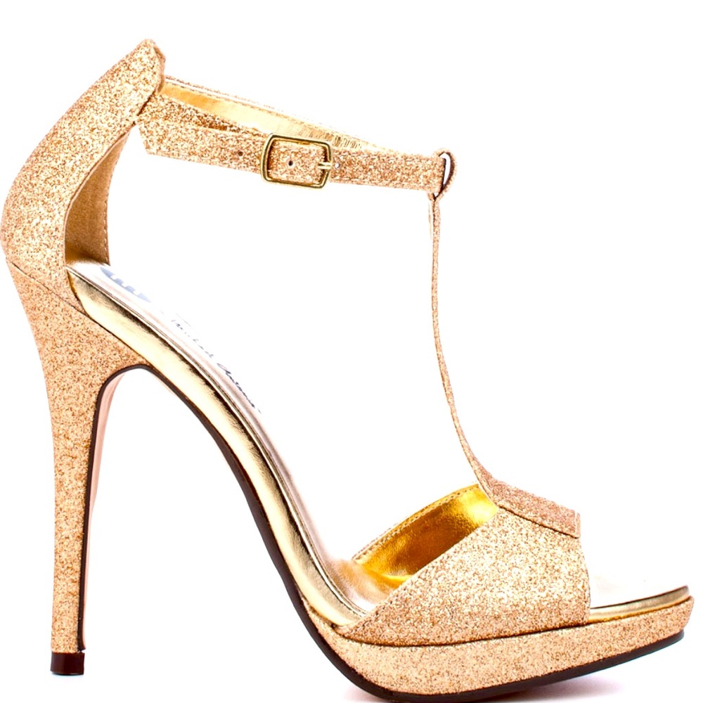 MICHAEL ANTONIO - Gold Glitter Tipton T-Strap High Heels. Size 7